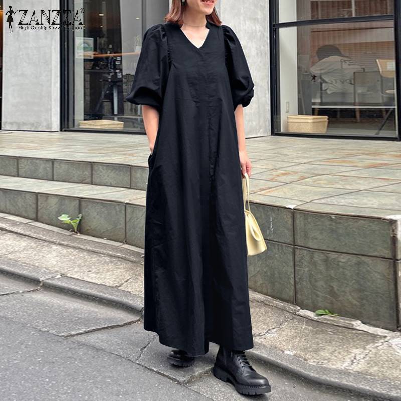 jinran Women Casual V Neck Solid A-Line Vestido 2022 Fashion Long Puff Sleeve Sundress Holiday Dress Retro Kaftan Dress Oversize