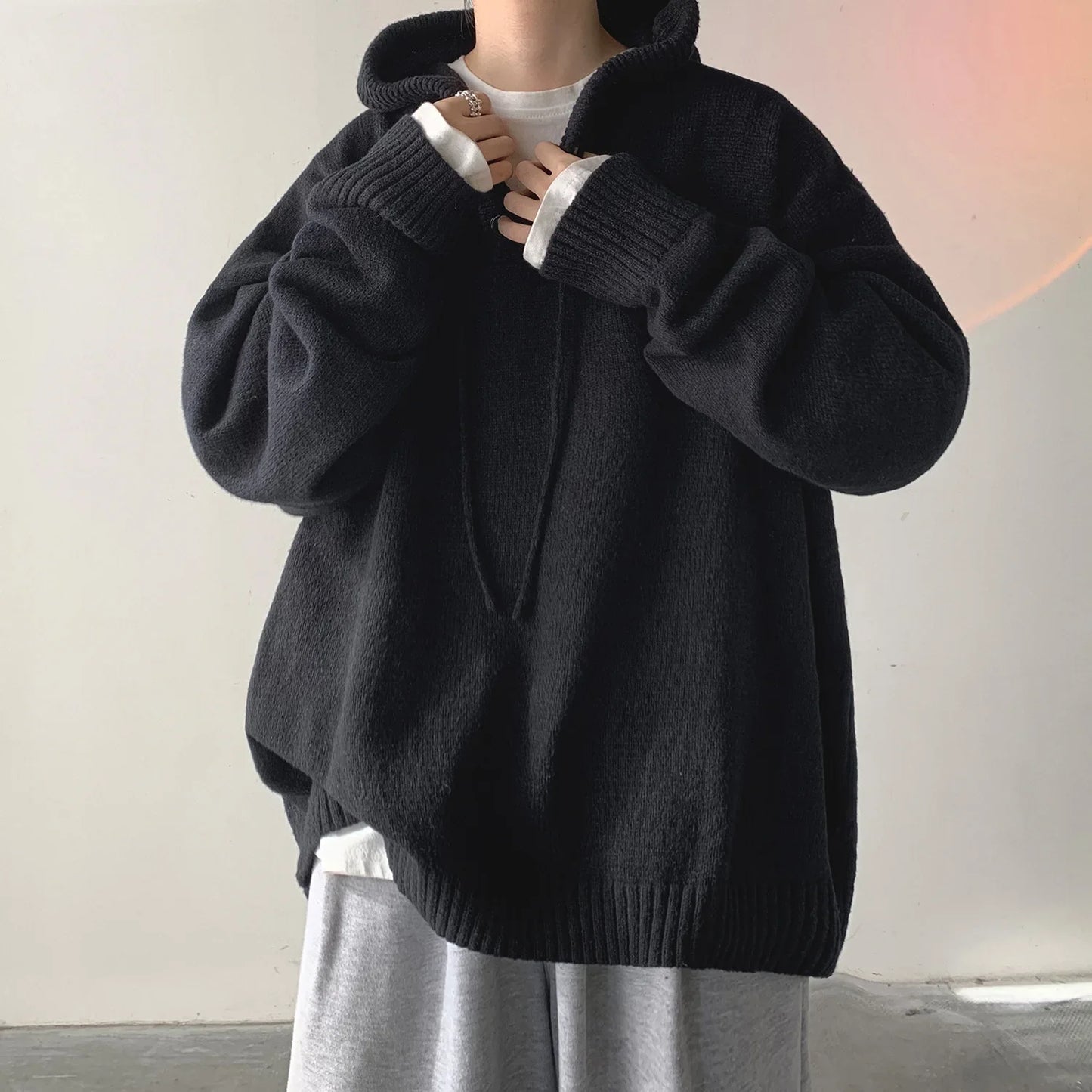 Men Pullover Hoodie Korean Style Classic Solid Color Casual Hoodies Oversized Loose Hooded Knitwear Mens Knitted Pullovers