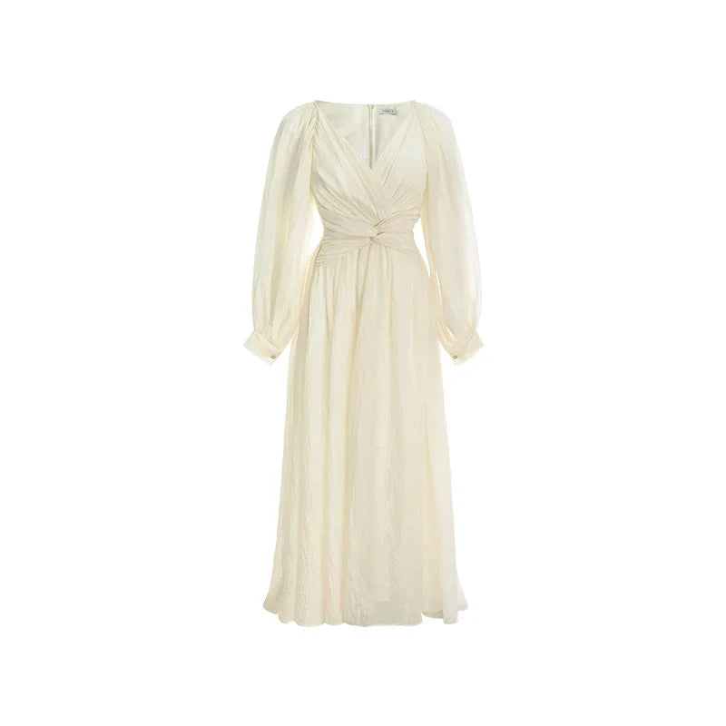 jinran Vintage Korean V-neck Pleated Maxi Dresses for Women Ladies Party Fringed Lace Puff Sleeve Ruffled Lady Dreses Elegant Summer