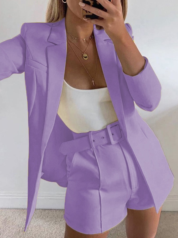 jinran New Spring and Summer Suit Jacket Shorts Sexy Temperament Women's Fashion Casual Lapel Cardigan Fashion Belt Women's Wear Set
