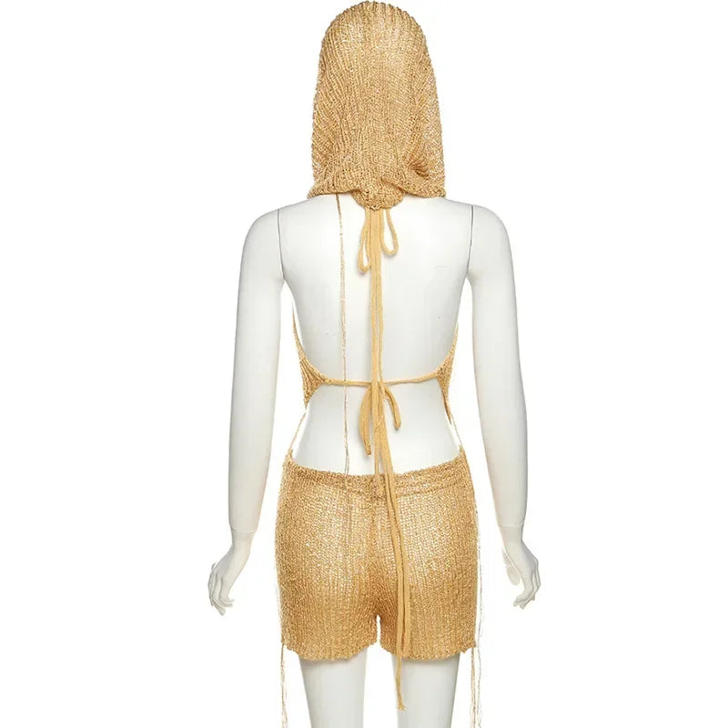 jinran Gold Sequin 2 Piece Knit Set Women Hooded Top and Shorts Trashy Y2k Streetwear Sexy Summer Rave Outfits Sets Two Piece Set