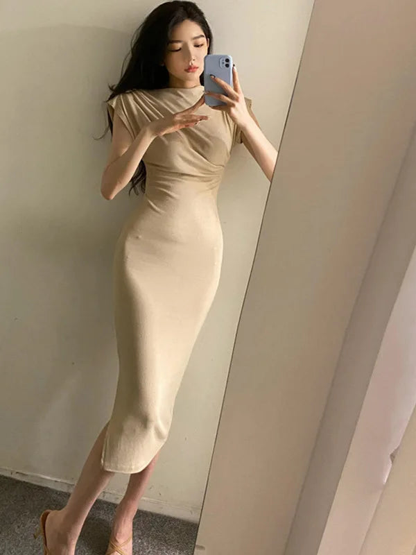 jinran Summer New Short Sleeve Women Folds Casual Charm Slim Fit High Waist Split Long Christmas Dress Sexy Wrap Hip Gentle Solid W9YK