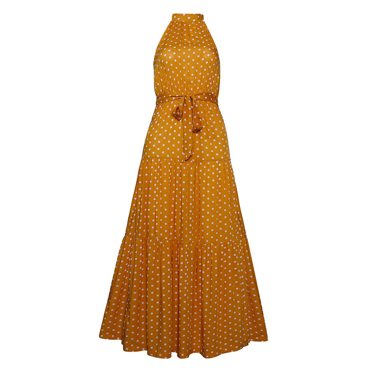 jinran Polka Dots Vintage Women Summer Halter Maxi Boho Dress Sleevless Navy Blue Floral Print Long Sash Beige A-line Beach Casual Robe