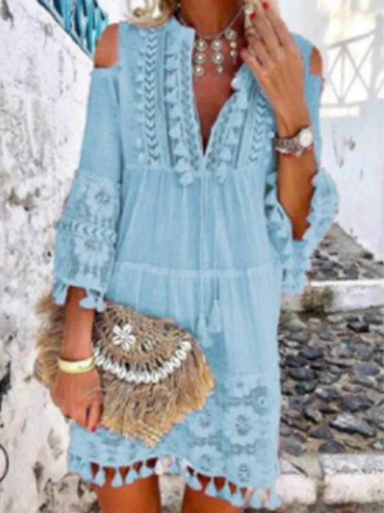 jinran New Spring Embroidery Crochet Lace Boho Dress Women Elegant Off Shoulder Tassel Ruffle Mini Dress Summer V Neck Lady Beach Dress