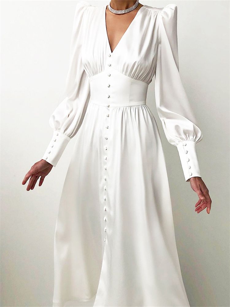 jinran Women Autumn Puff Sleeve Elegant Dress Long Sleeve V Neck Slim Waist Long Dress Korean Fashion Vintage Dresses Female