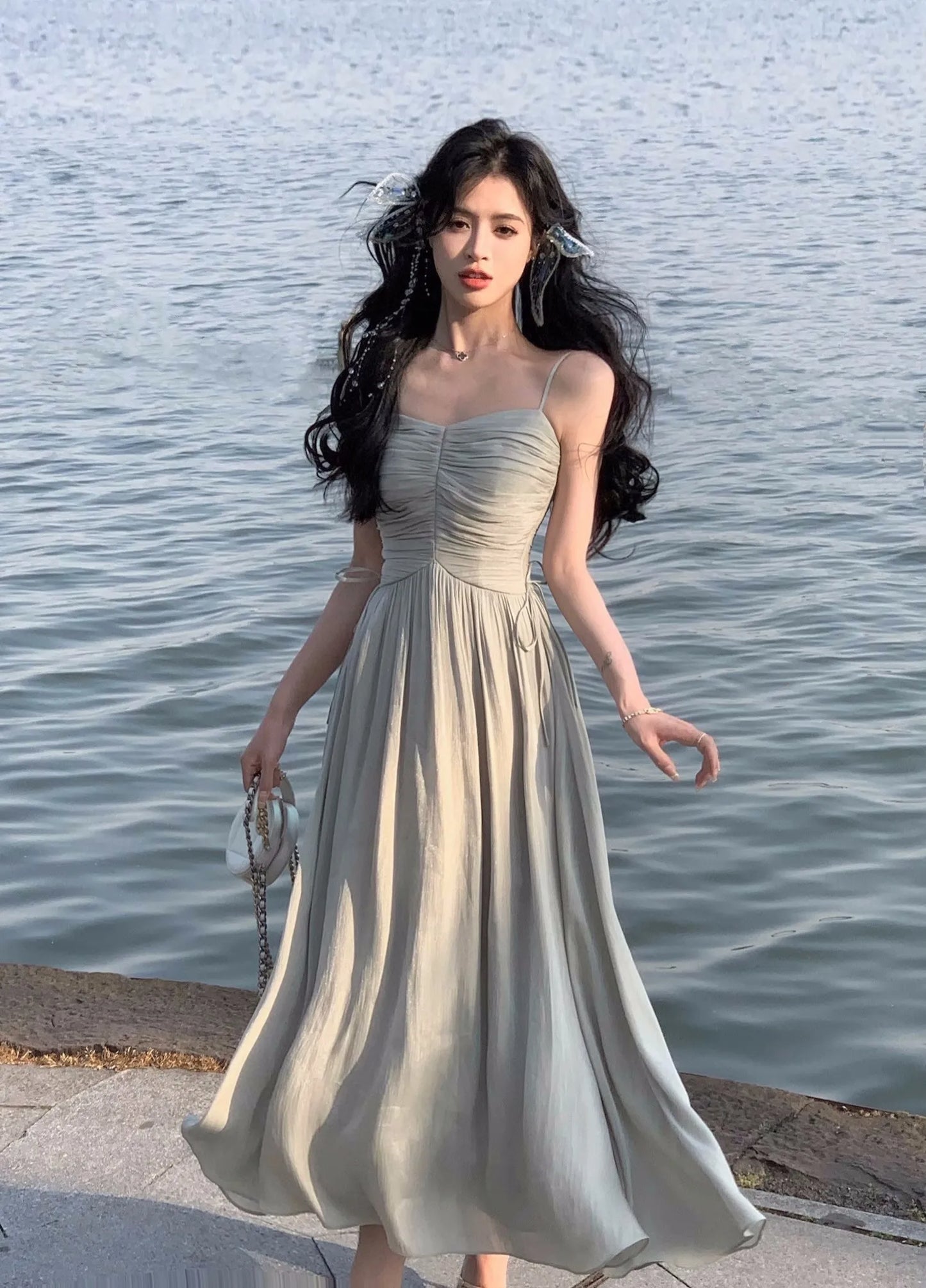 jinran Elegant Shiny Midi Dresses for Women Evening Party Dress Prom Robe Vintage Solid Summer New A-line Spaghetti Strap Vestido Mujer