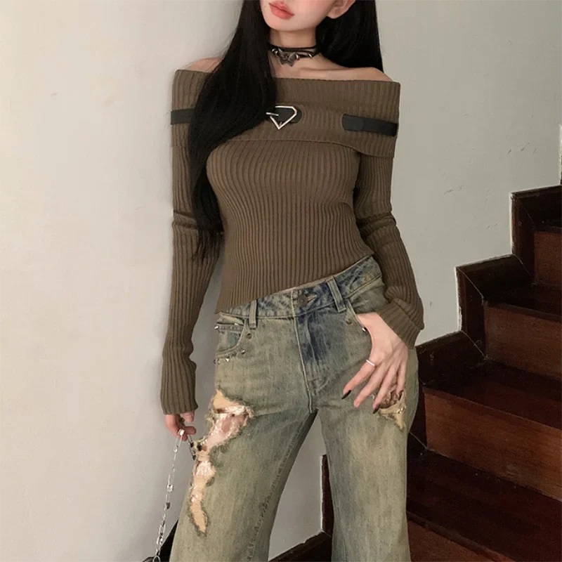 jinran Women Off Shoulder Slash Neck Sweater Long Sleeve Knitwear Solid Pullovers Sexy Girl Street Short Tops Y2k 2024 Fall Winter