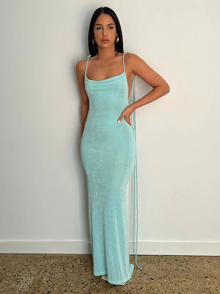 jinran Women Sexy Swing Collar Backless Sleeveless Maxi Prom Dress Drawstrings Elegant Bodycon Solid Party Dresses 2022 Summer