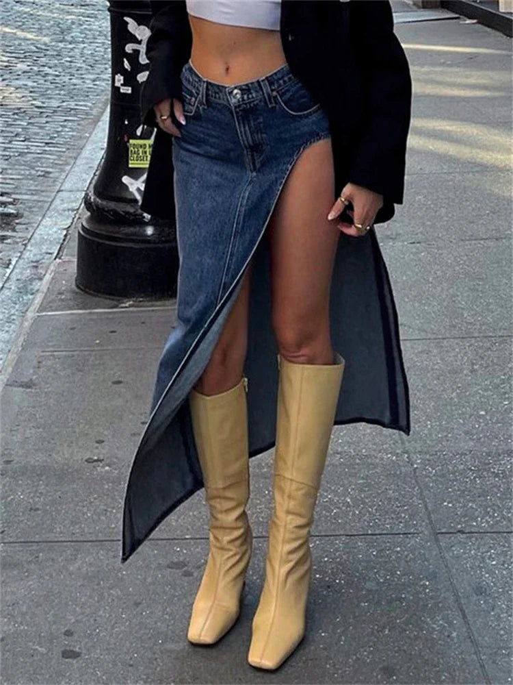 jinran 2024 Summer Split Out Denim Skirt Jeans Women Casual Long Skirt Low Waisted Jean Streetwear New Midi Pencil Skirt Y2k New