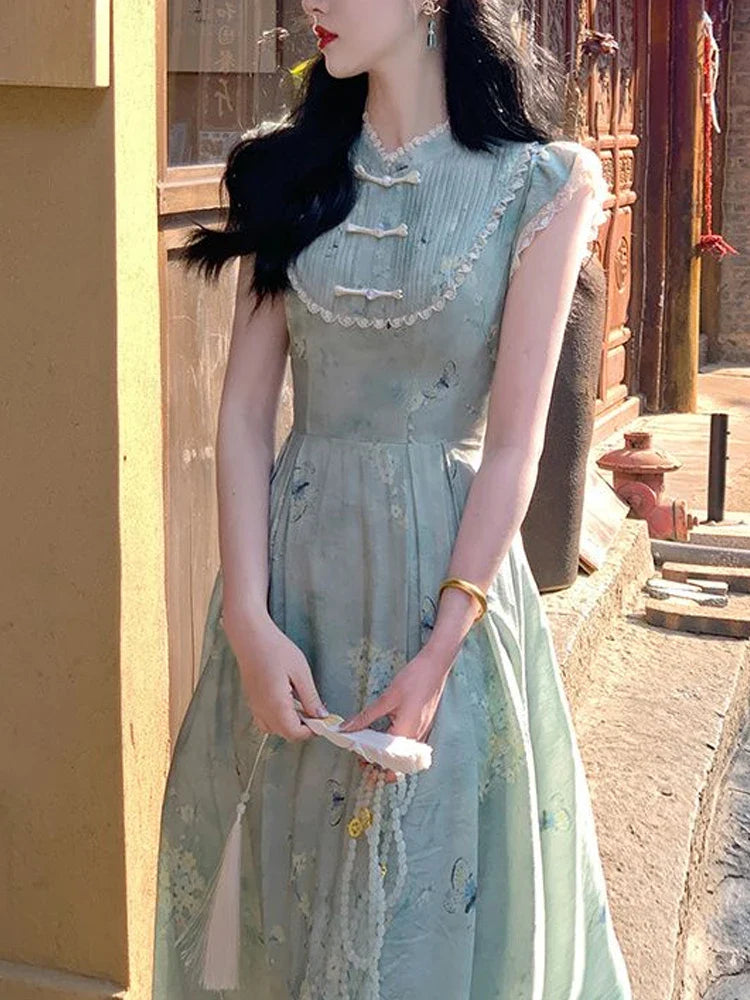 jinran Elegant Vintage Floral Slip Dress Women Ruffles Design Korean Style Long Fairy Dress Female 2024 Summer Casual Chic Party Dress