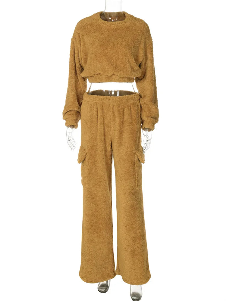 nvxiot - Autumn Loose Fashion 2 Piece-Set Trousers For Women Cropped Pullover Top And High Waist Patchwork Women's Pants Sets 2024