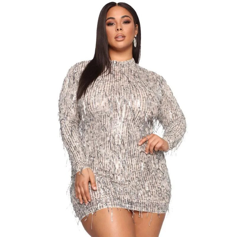 jinran - Eotvotee Sequins Tassel Dress for Women 2023 New Slim Long Sleeve Half High Collar Dresses Office Ladies Sexy Club Mini Dress
