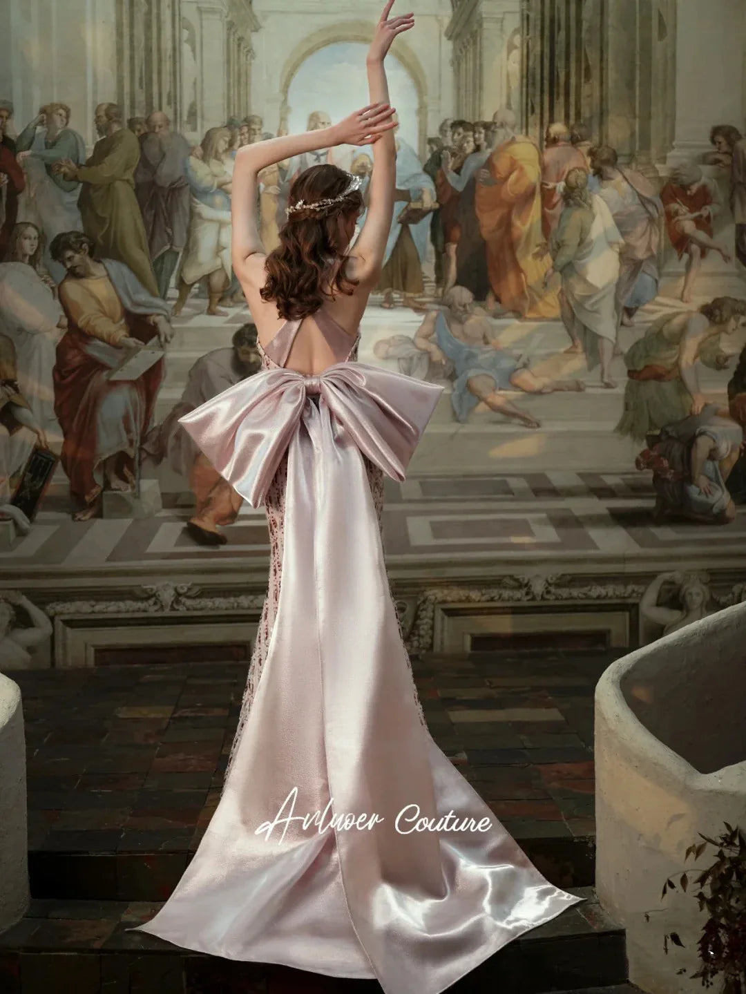 jinran Vintage Mermaid Evening Dress Halter Bow Trailing Backless Satin Luxury Beading Crystal Sequins Sexy Bride Women Party Prom Gown