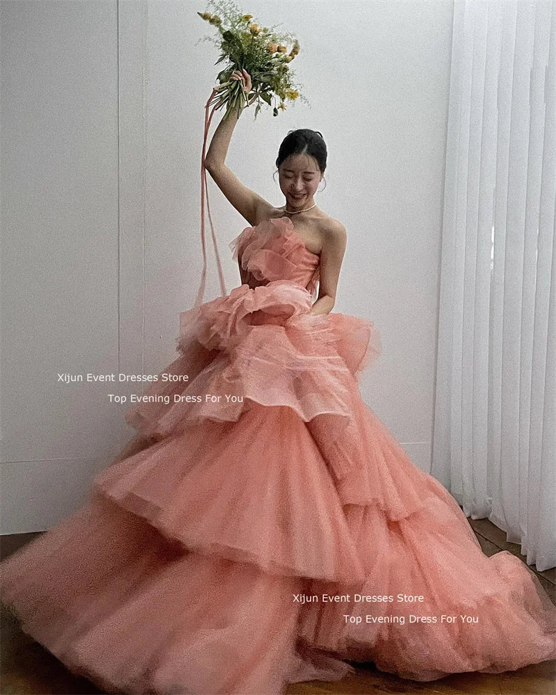 jinran Tulle Elegant Wedding Dresses Sleeveless For Korean Bridal Gowns Formal Photo Shoot Tiered Princess Party Dresses 2024