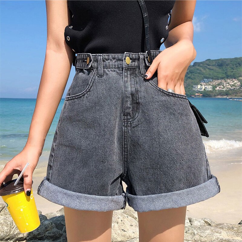 jinran New Summer Women High Waist Wide Leg Denim Shorts Casual Female Loose Fit Streetwear Solid Color Straight Jeans Shorts