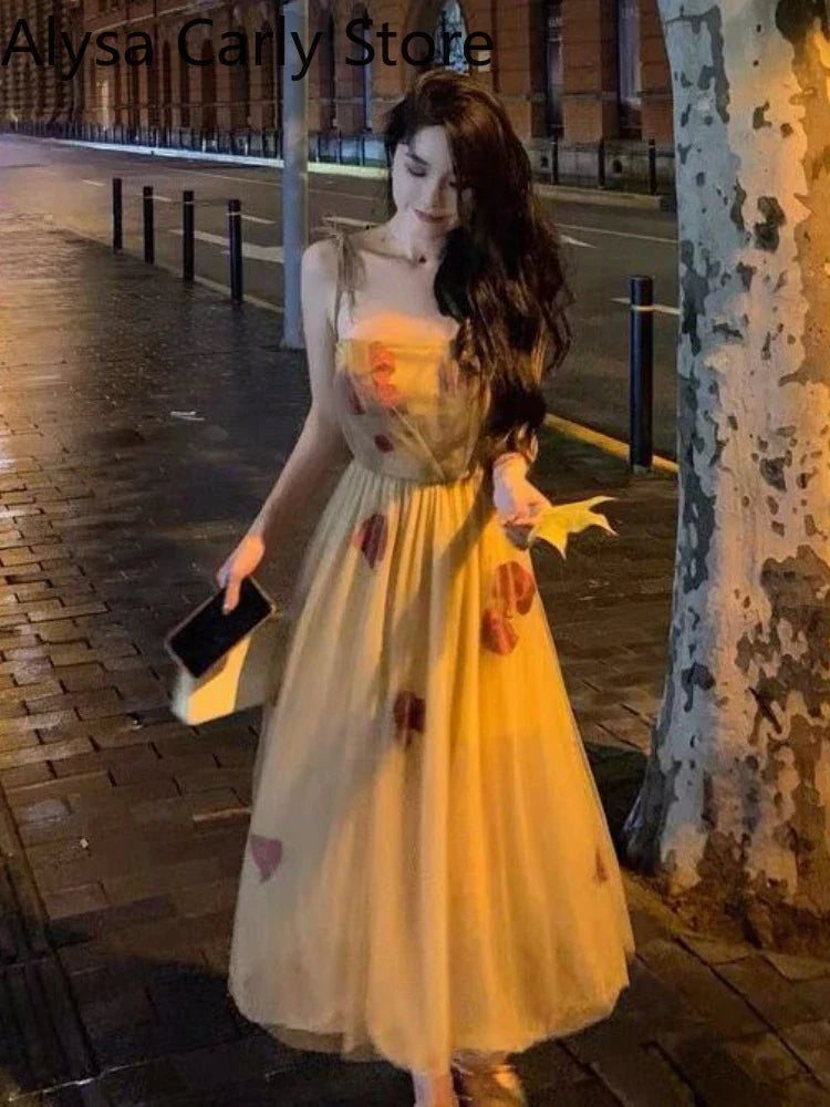 jinran Vintage Floral Strap Dress Women Sexy Backless Evening Party Fairy Dress Femme 2022 Spring High Street Korean Beach Casual Dress
