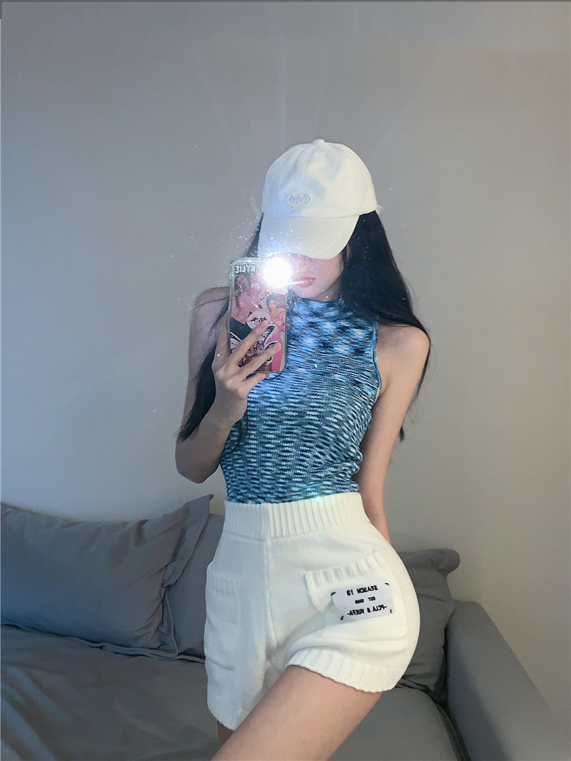 jinran Summer All-match Slim Letter Patch Knitted Shorts Female Casual Pockets White Women's Shorts Sexy Lady Elastic Waist