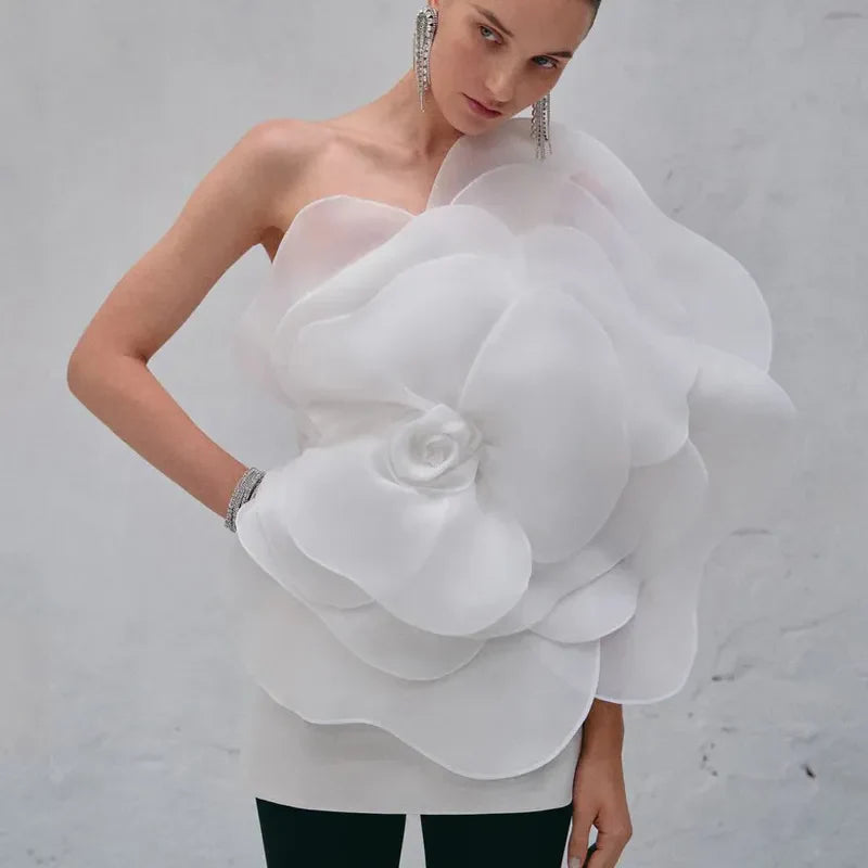 jinran Summer New Style White Oblique Shoulder Decorative Flower Dress Dress, Women's Wedding Party Dress One Step dress