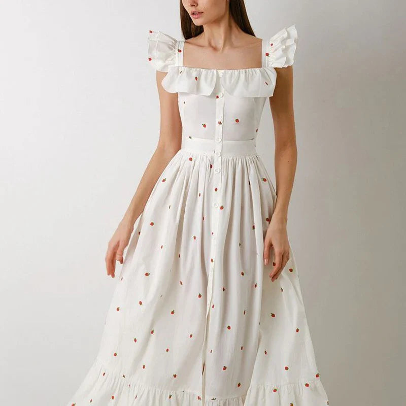 jinran Women Sexy Square Collar Hem Boho Long Dress Spring Print Button A-Line Party Dress Summer Puff Sleeve Ruffle Holiday Maxi Dress