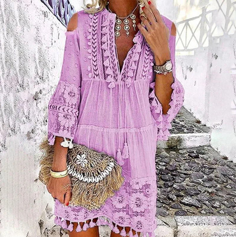 jinran New Spring Embroidery Crochet Lace Boho Dress Women Elegant Off Shoulder Tassel Ruffle Mini Dress Summer V Neck Lady Beach Dress