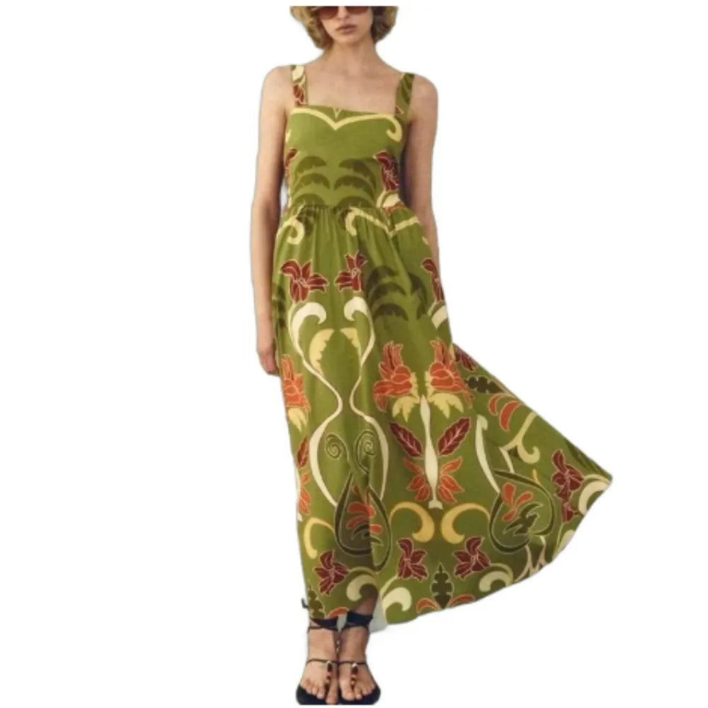jinran Printed Lace Up Sling Long Dresses Women Sexy Backless Sleeveless Female Dress 2024 Summer Beach Holiday Loose Lady Vestidos