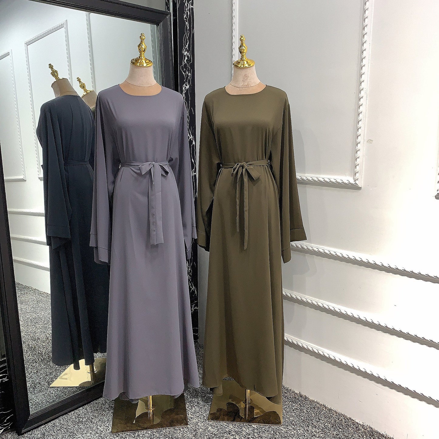 jinran Summer Elegant Solid Color Colorful Temperament Long Skirt Ladies Open Shouder Robe Satin Large Size Belt Muslim Woman Abaya