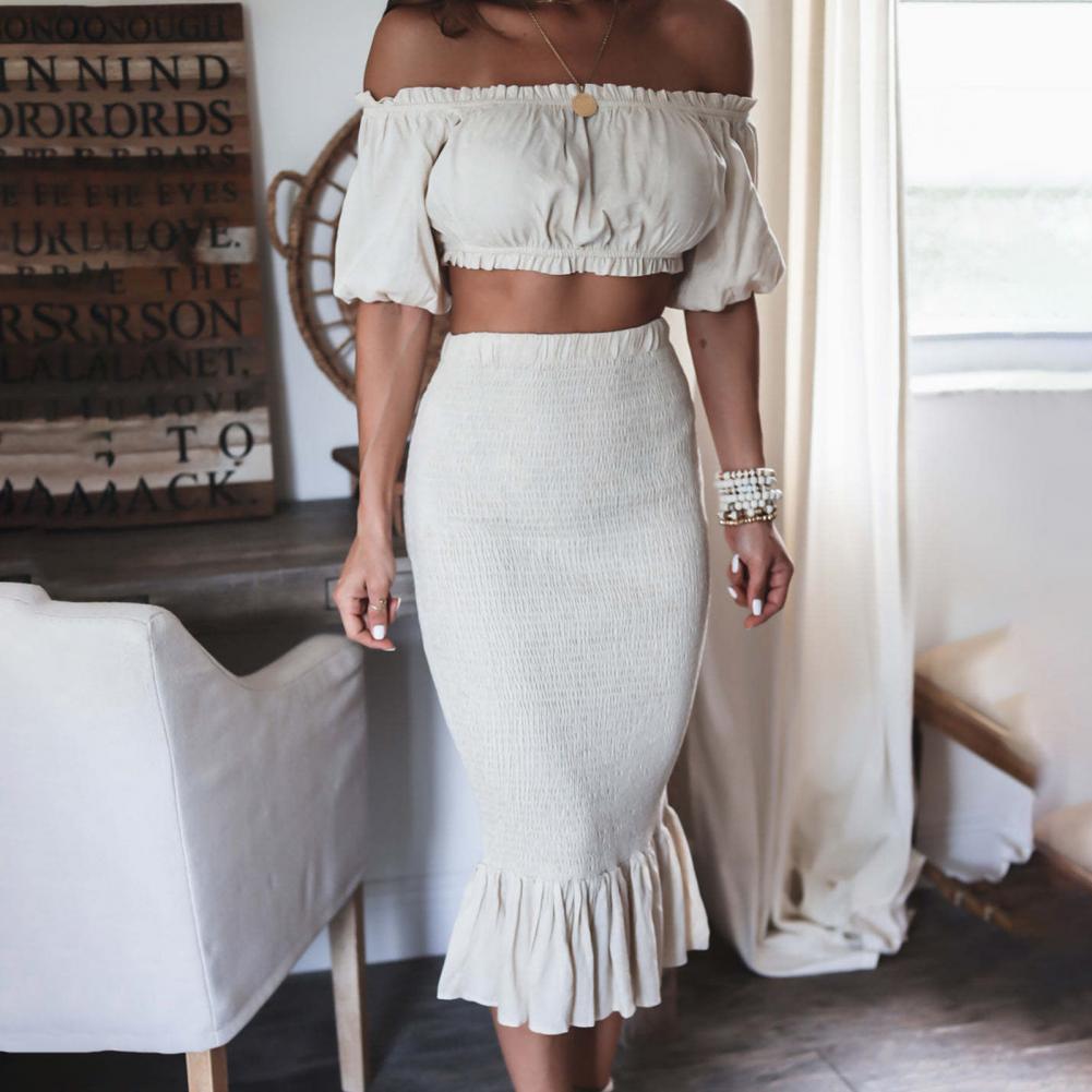 jinran - 1 Set Crop Top Skirt Off Shoulder Ruffles Summer Hip Wrap Fish Tail Skirt Suit for Party