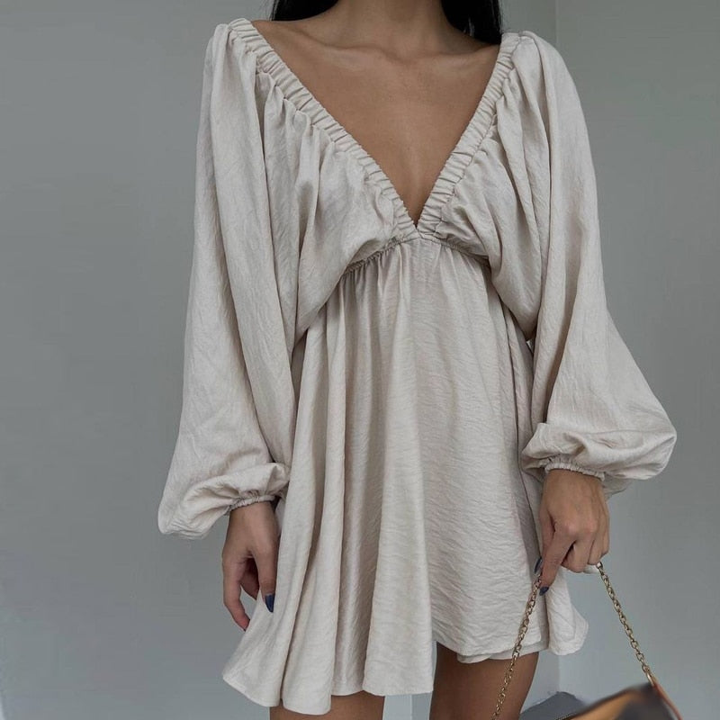jinran Women Elegant Solid Loose Cotton Dress Summer Casual Long Sleeve Ruffle Dress Ladies Fashion V Neck A-line Party Dress Vestido