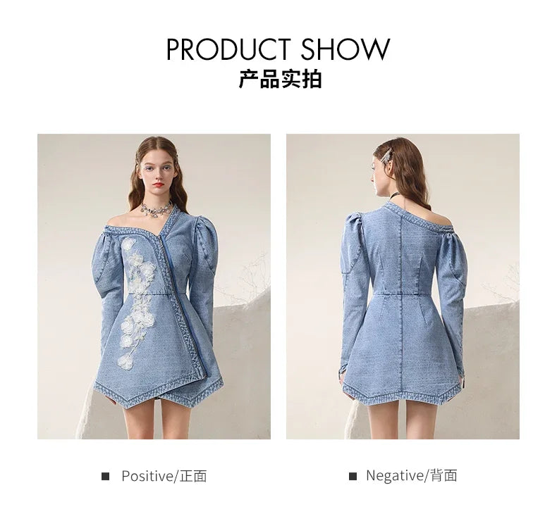 jinran Spring 2024 New Irregular Sexy Cold-Shoulder Mesh Flower Famale Dress New Chinese Style Denim A-LINE Women Dresses