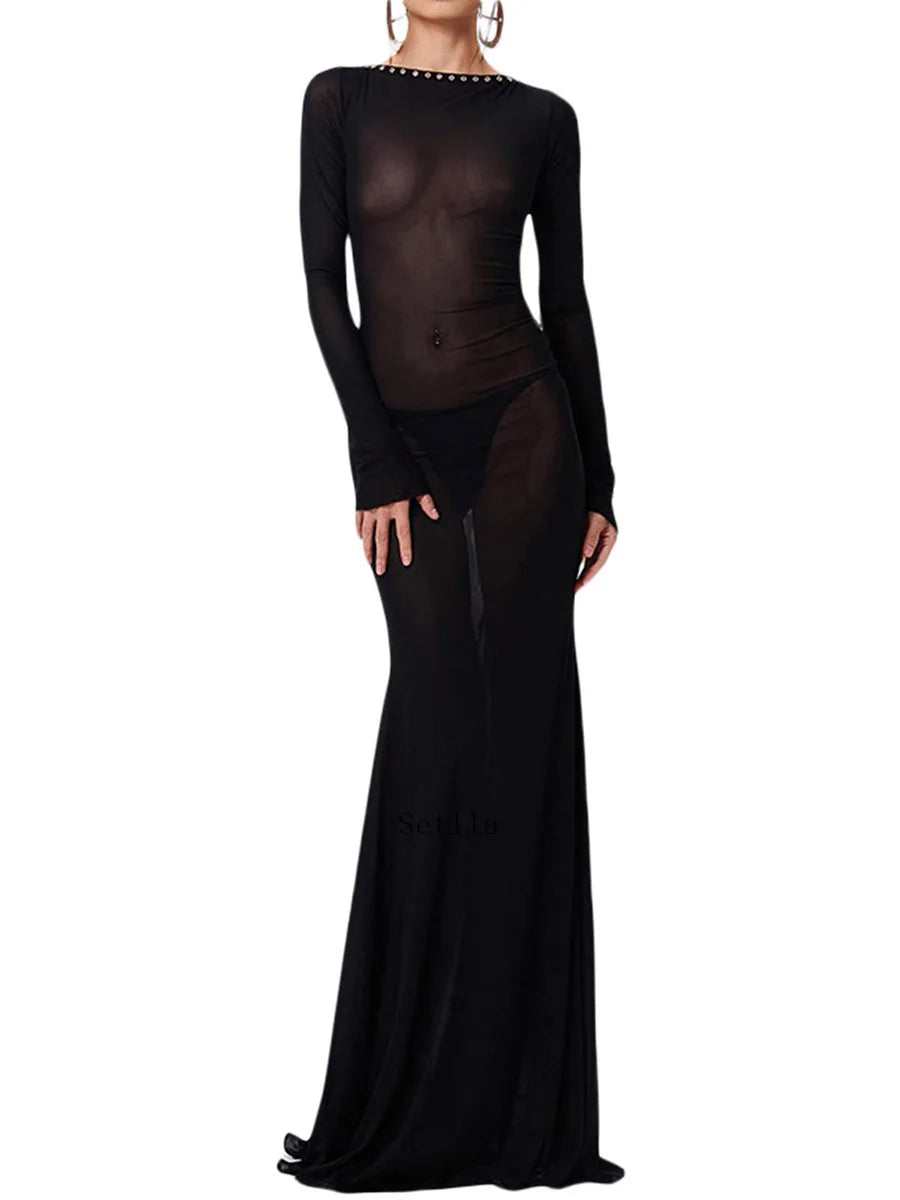 jinran Women See Through Bodycon Long Dress Long Sleeve Mesh Sheer Maxi Dress Cross Tie Up Backless Club Party Dress Maxi Dress