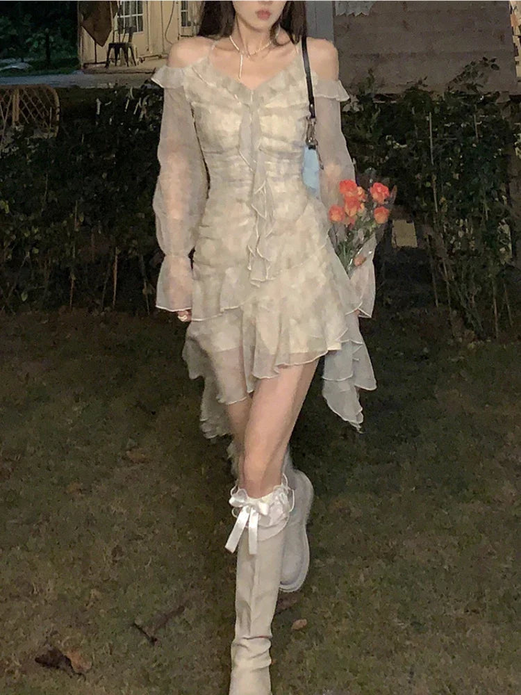 jinran Summer Long Sleeve Floral Fairy Dress Woman Beach Elegant Party Mini Dresses Casual Vintage One Piece Dress Korean Fashion