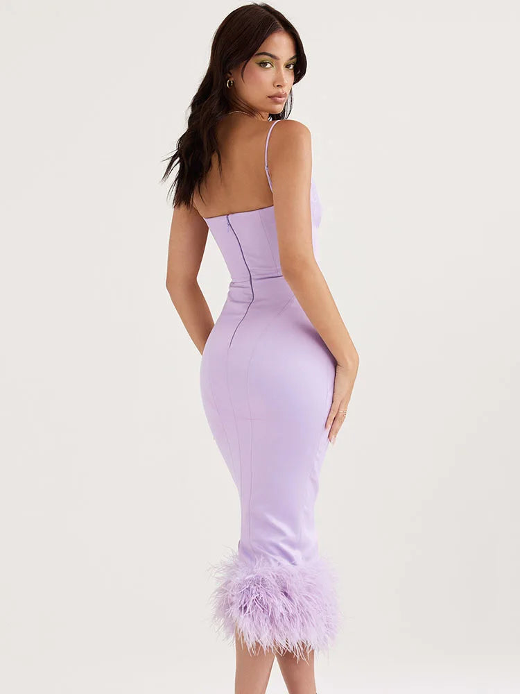 jinran Feather Tassel Spaghetti Strap Backless Long Dress Women Summer New Sleeveless Backless Bodycon Club Party Dress