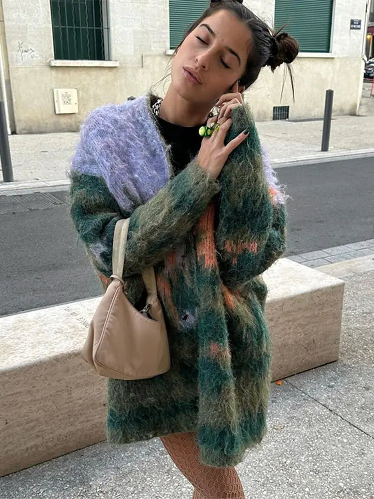 nvxiot - Autumn New Mohair Print Knit Cardigan Coat Oversize Single Breasted Long Sleeve Sweater Tops 2024 Office Lady Commute Streetwear