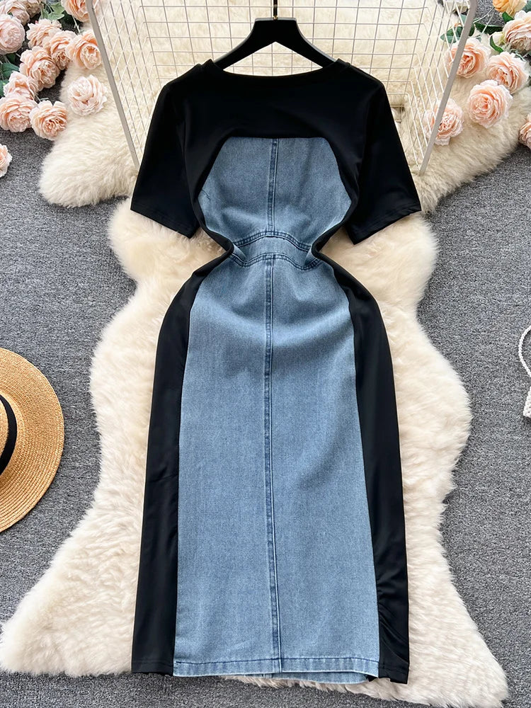 jinran Temperament Contrast Color Patchwork Denim Dress For Women Fashion Short Sleeve O-neck Dresses Female 2023 Summer 27SN4063