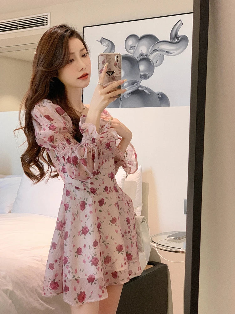 jinran Autumn Vintage Sweet Dress Women Chiffon Floral Bodycon Mini Dress Female korean Party Beach Long Sleeve Casual Dresses 2024