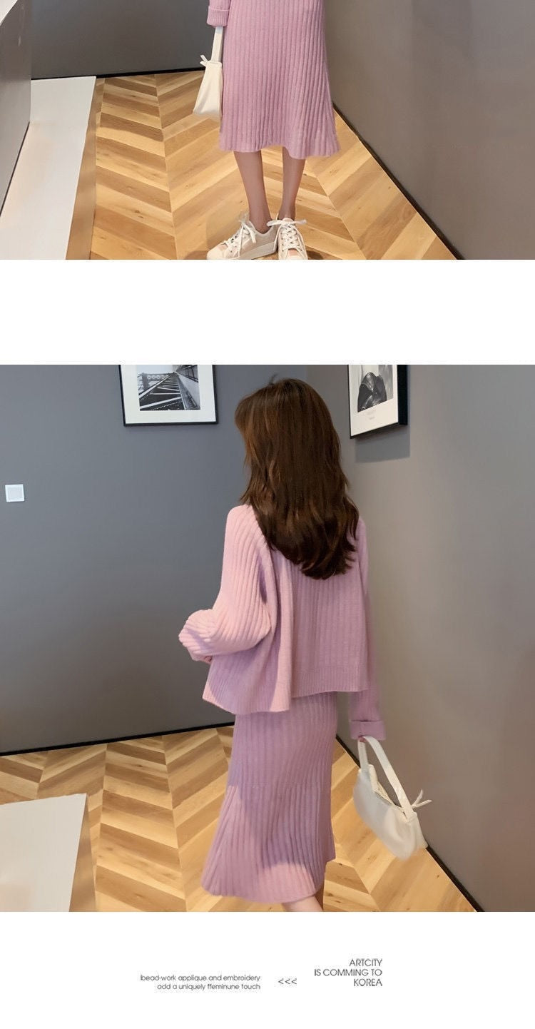 jinran Womans Clothes for Autumn Winter Loose Solid Knitwear Women's Two Piece V-Neck Casual Dress Set Long Sleeve Sweater Skirt
