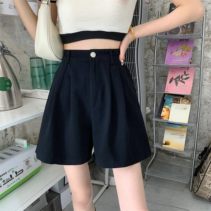 jinran Y2K Women High Waist White Shorts Korean Fashion Pleated Wide Leg Pants Summer Casual All Match Female Preppy Style Pants New