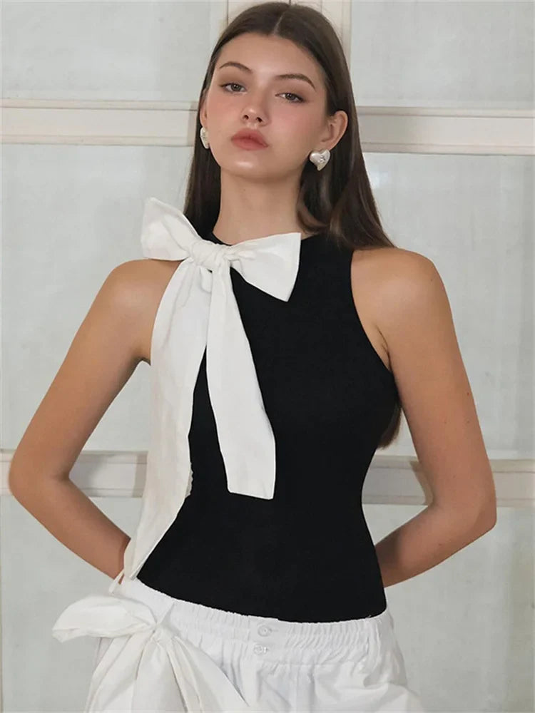 jinran Tee Bow Patchwork Jumpsuit For Women Sleeveless Slim Fashion Summer 2024 High Waist Contrast Casual Y2k Rompers Streetwear