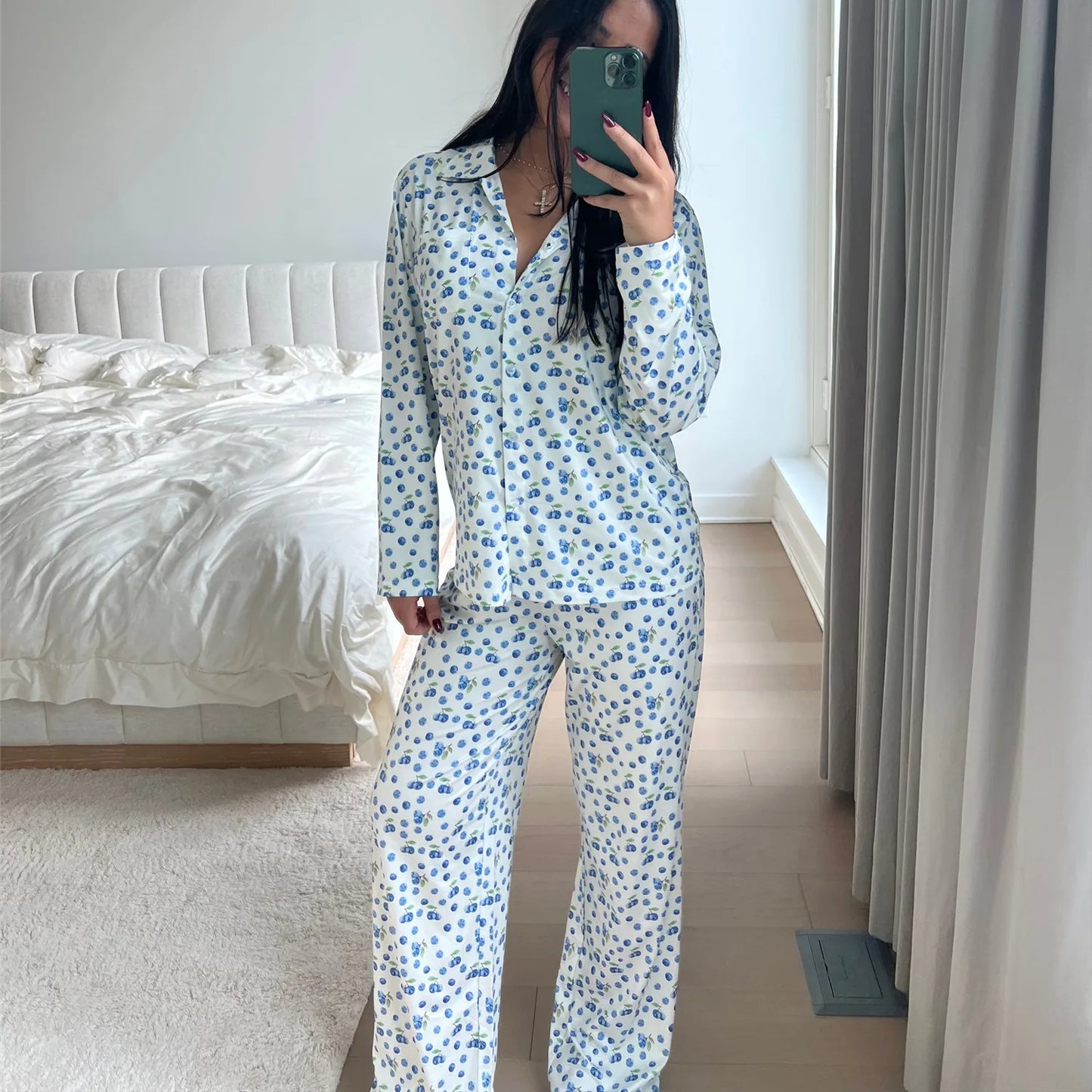 nvxiot - Women Pajamas Cute 2 Piece Set Y2K Vintage Print Button Up Long Sleeve Blouse T-shirt Tops+Pants Home Loungewear Sleepwear