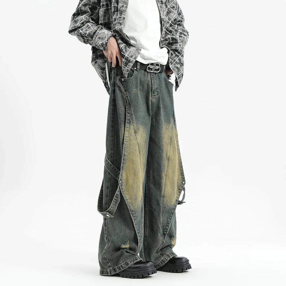 Korean Hip Hop Patchwork Wide Leg Jeans Pants Men Fashion Hole Streetwear Baggy Denim Trousers Male Oversized Straight Denim