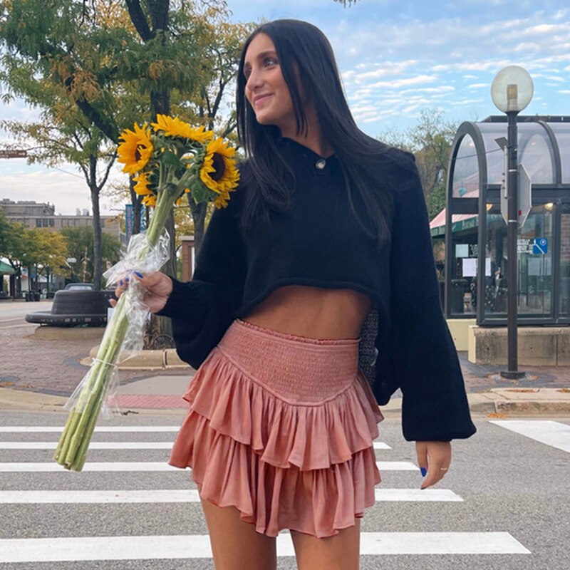 jinran Women Summer White Ruffle Tiered Mini Skirt Beach Cute Fashion Elastic Waist Rose Red Faldas Mujer Black Bottom