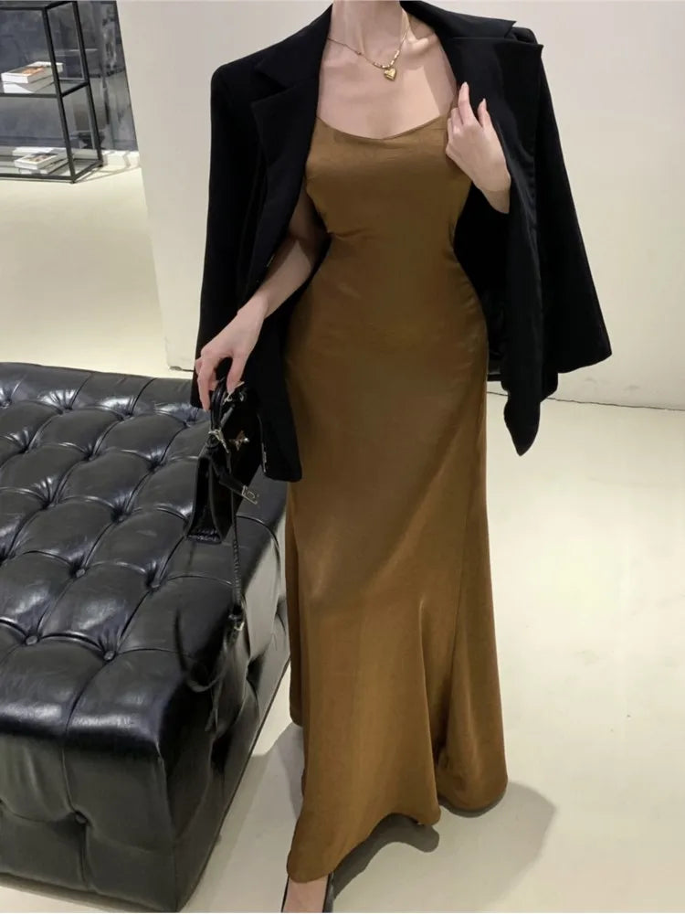 jinran French Vintage Evening Party Dress Spaghetti Strap Long Dresses for Women Summer New Backless Slim Prom Robe Maxi Vestidos Mujer