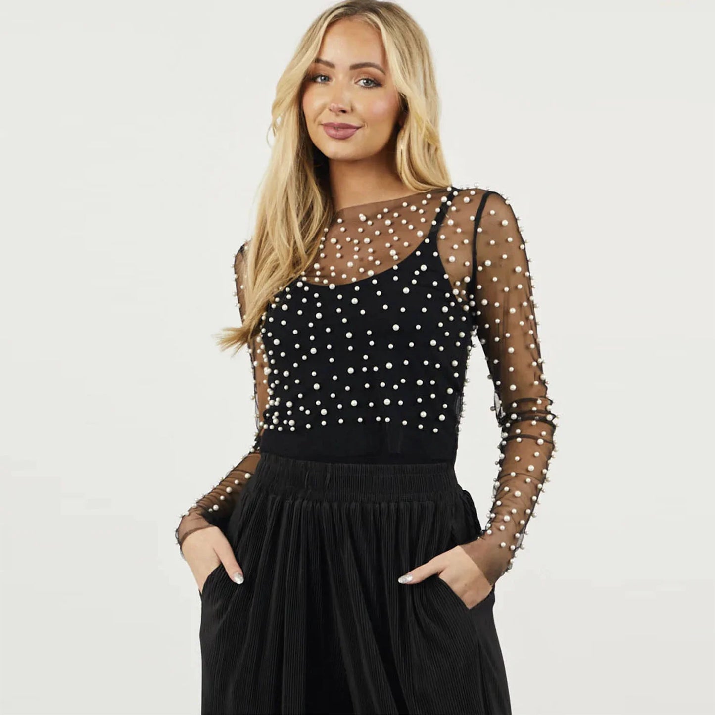 jinran Pearl Mesh See Through T-shirt Women Fashion Long Sleeve Pullover Blouse Ladies Summer U Neck Sexy Tee Shirt Tops