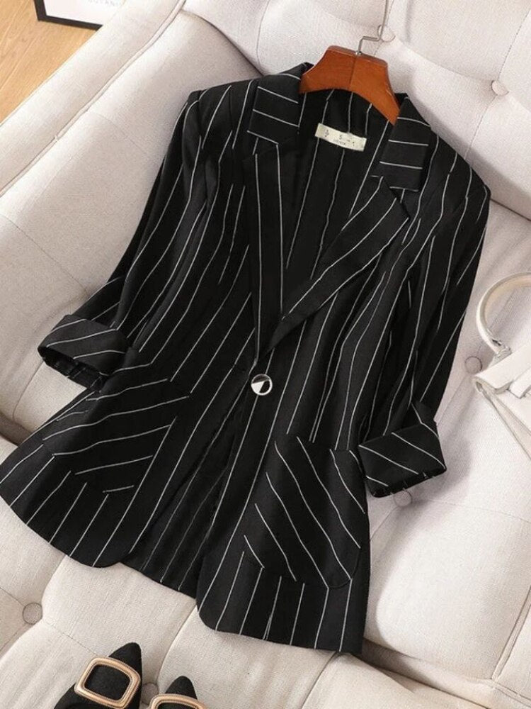 jinran Small Suit Jacket New Women's Spring Summer Striped Slim Sleeve Fashion Slim Suit Suit Jacket Oversize Code Clothing for Women
