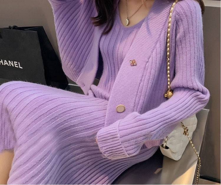 jinran Womans Clothes for Autumn Winter Loose Solid Knitwear Women's Two Piece V-Neck Casual Dress Set Long Sleeve Sweater Skirt