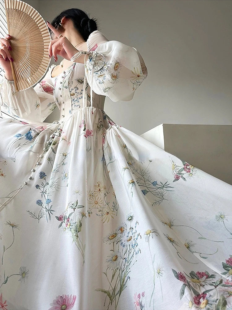 jinran Summer French Floral Midi Dress Elegant Chiffon Long Sleeve Party Dress Woman Beach Evening Fairy One Piece Dress Korean