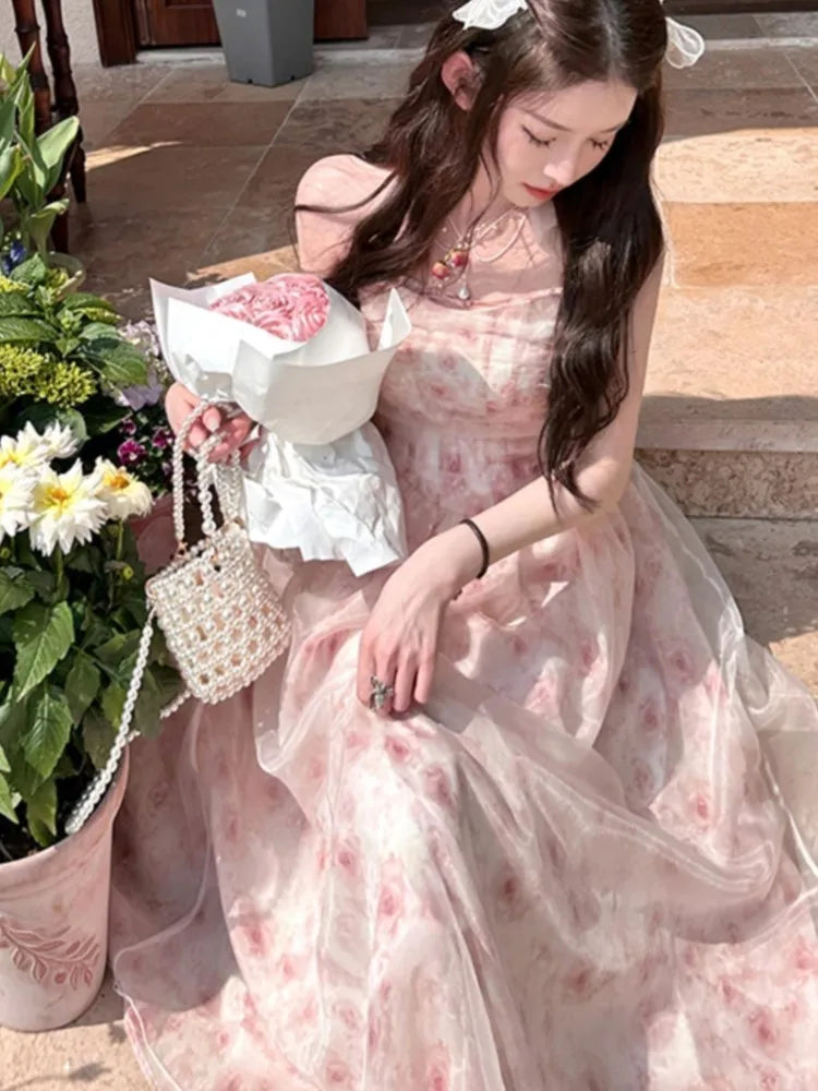 jinran Y2K Elegant Print Halter Dresses for Women Sweet Pink Casual Print Chiffon Sleeveless Party Dress Fairy Princess Vestido Mujer