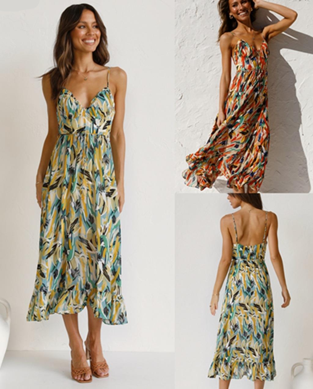 jinran Summer new women's fashion casual color print halter sleeveless deep v waist dress