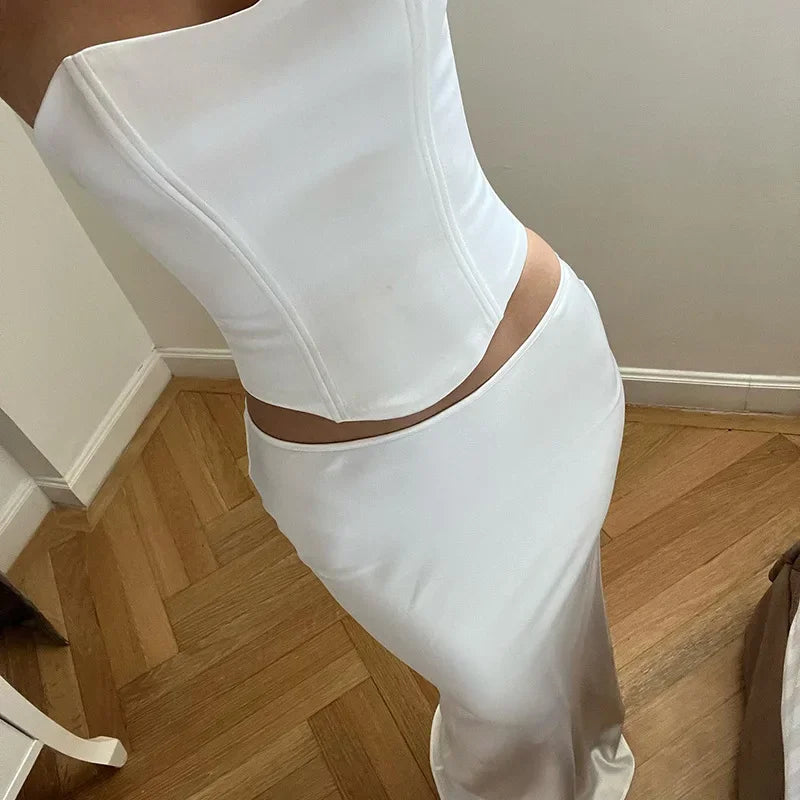 jinran Elegant Fashion Corset Dress Sets Satin Bandage Sexy Backless 2 Piece Sets Summer Outfits for Women Co-ords Set Skirt Sets
