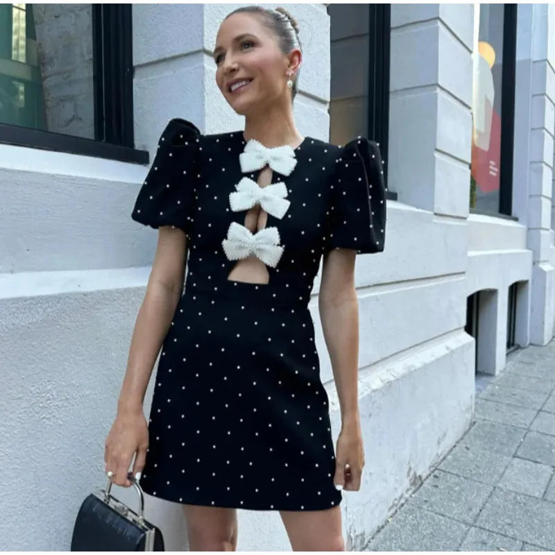 jinran Bow Hollow Out Red Black Mini Dress Women Sexy Puff Sleeve O-neck Party Dresses 2024 Summer New Elegant Shinny Robe Vestidos